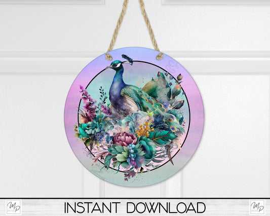 Peacock Round Door Hanger Sign, PNG Design for Sublimation, Digital Download