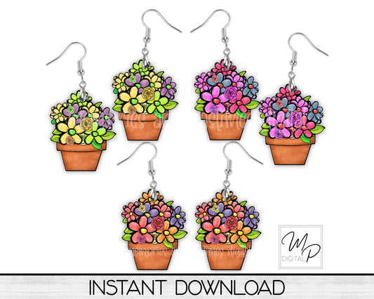 Spring Flower Pot PNG Design for Sublimation of Earrings, Door Hangers, Wreath Signs, Digital Download