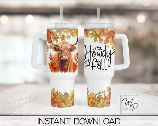 Howdy Fall Highland Cow 40oz Tumbler Wrap Design - PNG Tumbler Sublimation Design Download - Commercial Use