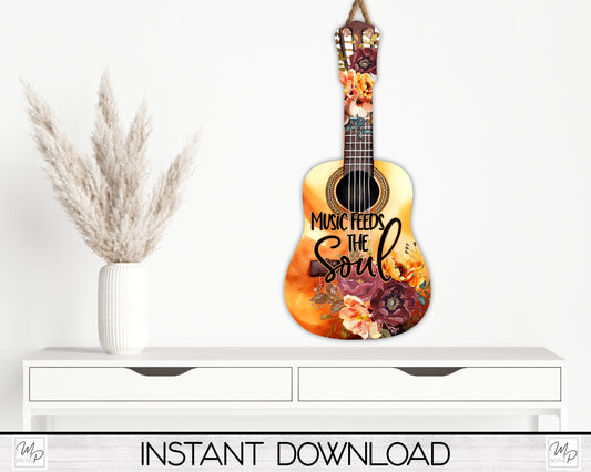 Floral Guitar Door Hanger Sign PNG Design for Sublimation, Digital Download
