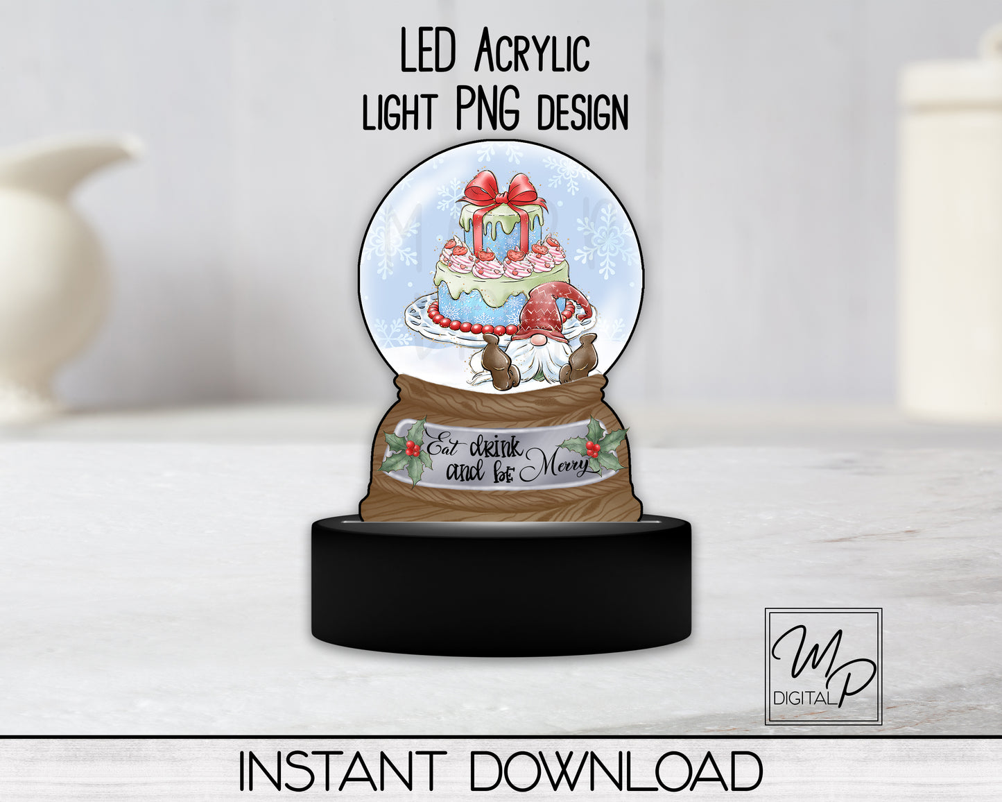 Christmas Gnome Snow Globe LED Light Up Sign, Acrylic Night Light PNG Sublimation Design, Digital Download