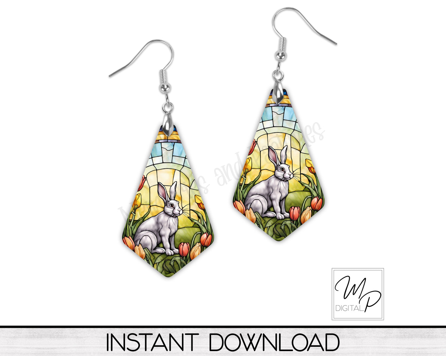Easter Bunny Stained Glass Geometric Earring PNG Design for Sublimation, Digital Download