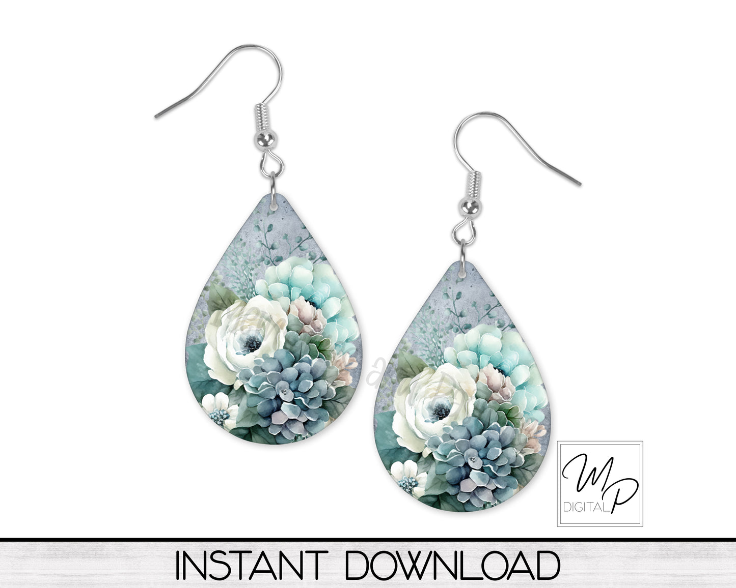 Light Blue Floral Teardrop Earring Design for Sublimation, Digital Download