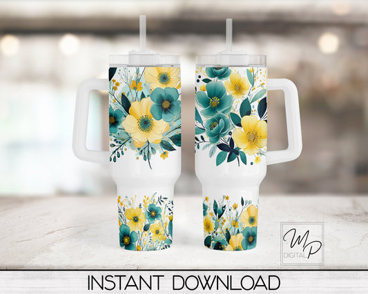 Yellow and Teal Floral 40oz Quencher Tumbler Wrap - PNG Tumbler Design Sublimation - Digital Designs Downloads - Commercial Use