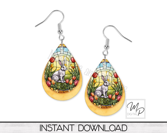Easter Bunny Stained Glass Teardrop Earring PNG Design for Sublimation, Digital Download