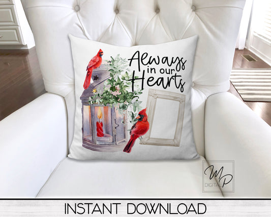Red Cardinal Memorial Pillow Cover PNG Sublimation Design, Digital Download, Square Pillow Case PNG Design