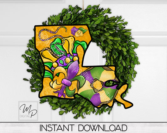 Louisiana Mardi Gras PNG Sublimation Design for Door Hangers and Wreath Signs, Commercial Use