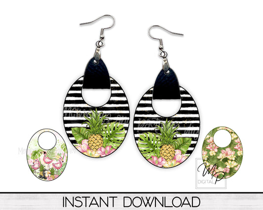 Tropical Oval Earring with Leather Hoop PNG Design Bundle for Sublimation, Digital Download