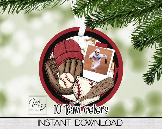 10 Team Colors Baseball Ornament with Photo Sublimation Design, Digital Download