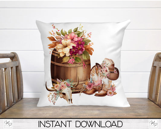 Western Square Pillow Cover PNG Sublimation Design, Digital Download