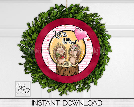 Valentine Hedgehog Round Door Hanger Sign PNG Digital Download for Sublimation