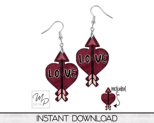 Love Heart and Arrow PNG Design for Sublimation of Earrings, Digital Download