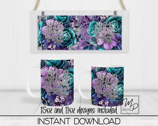 Purple and Teal Bible Verse Coffee Mug Sublimation Design PNG Digital Download - 11oz and 15oz