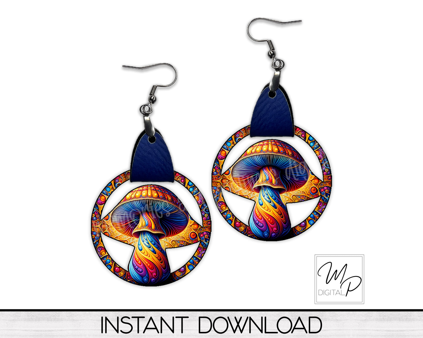 Hippie Mushroom PNG Design for Sublimation of Earrings, Mushroom with Leather, Digital Download