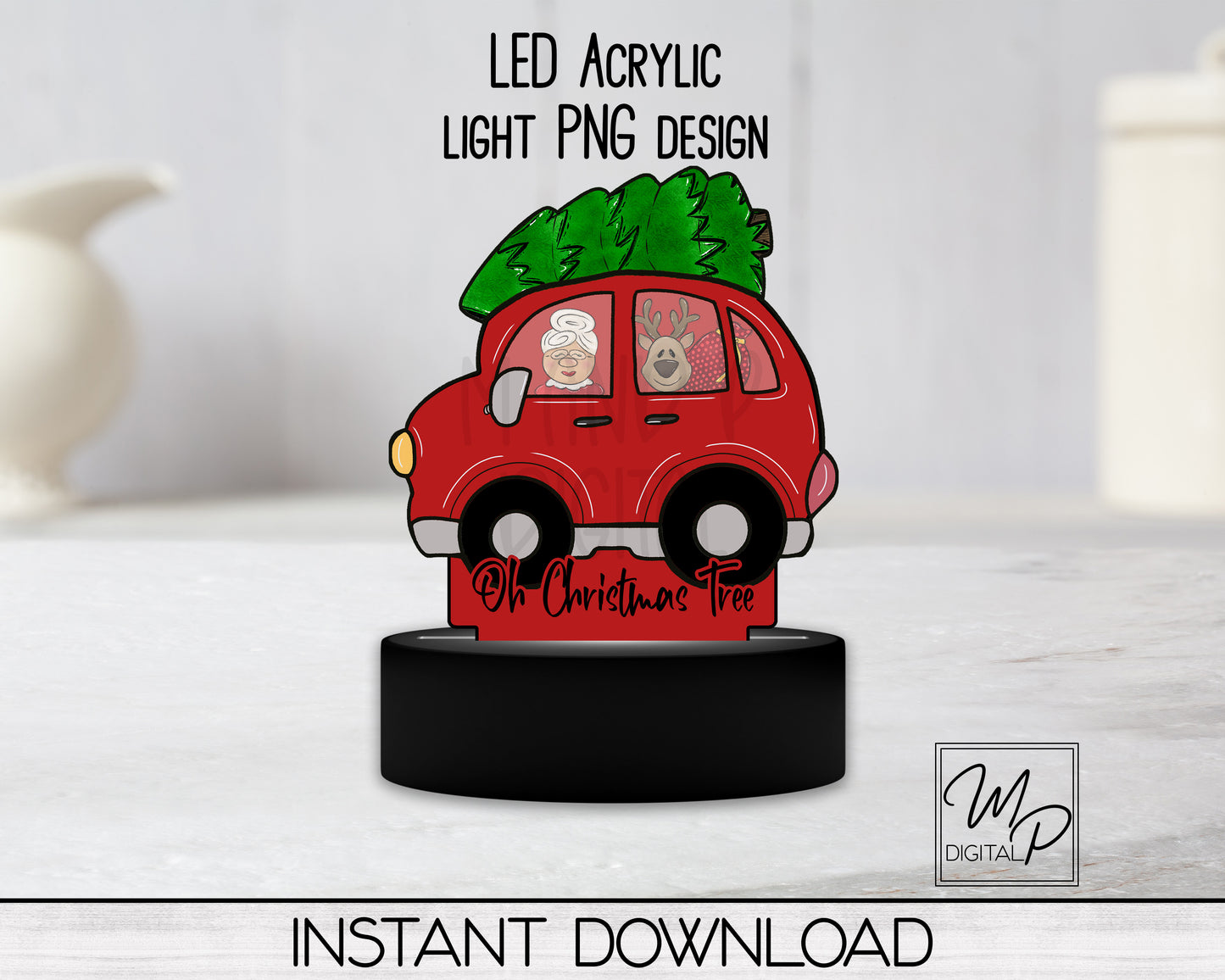 Christmas Car with Tree LED Acrylic Night Light Up Sign, PNG Sublimation Design