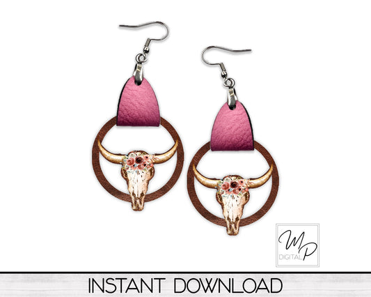 Bull Skull PNG Design for Sublimation of Earrings with Leather, Digital Download