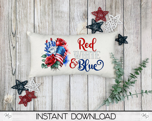 Patriotic 4th of July Lumbar Pillow Cover PNG Sublimation Design, Digital Download