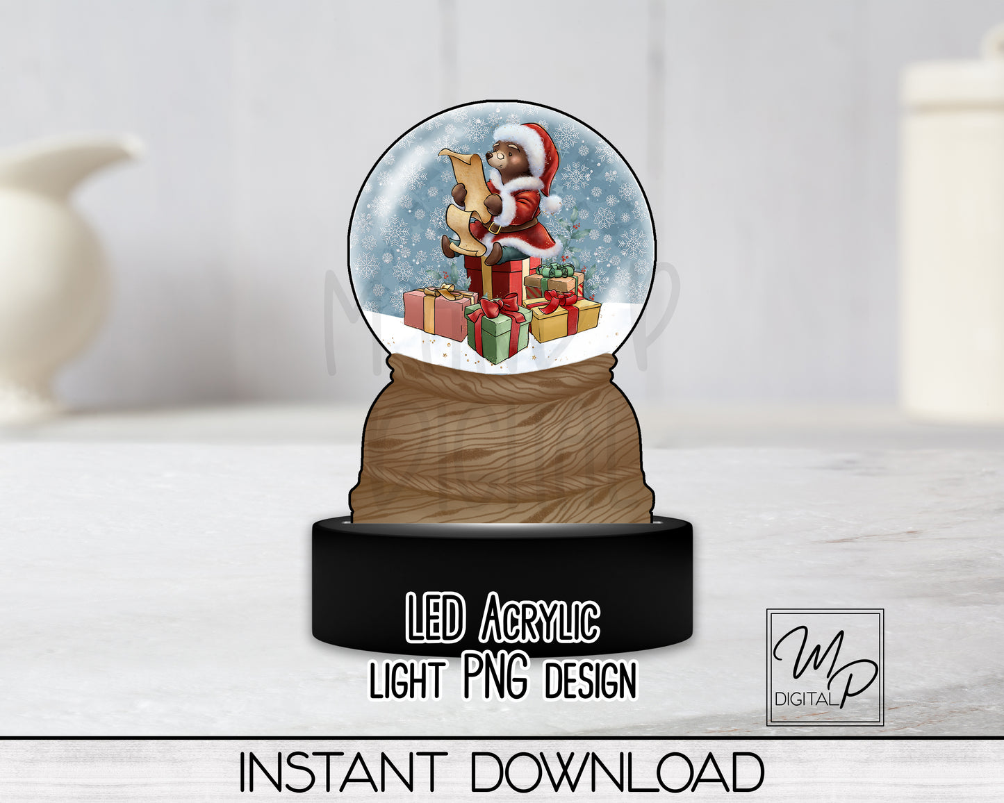 Christmas Santa Bear Snow Globe LED Light Up Sign, Acrylic Night Light PNG Sublimation Design, Digital Download