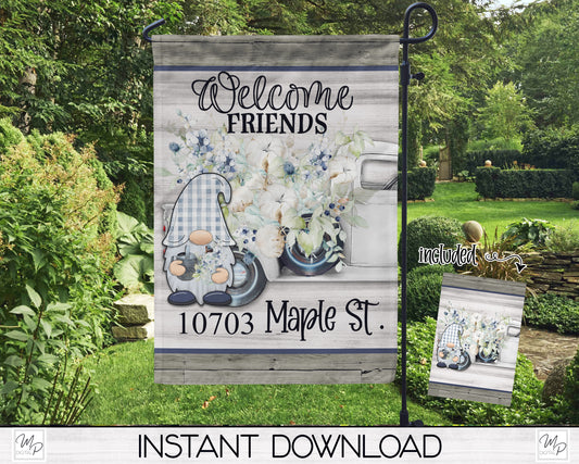 Farmhouse Truck and Gnome Garden Flag Design for Sublimation, Digital Download