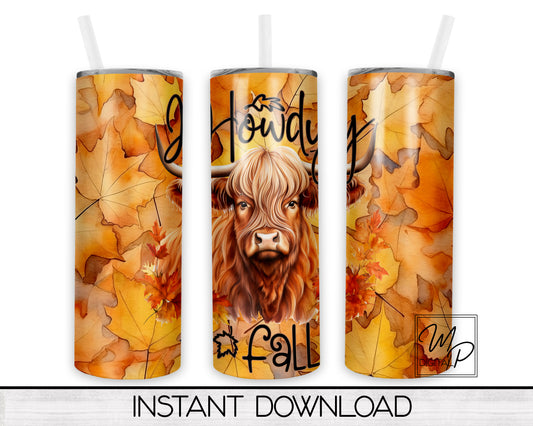 Howdy Fall Hyland Cow 20oz Skinny Tumbler Design - PNG Instant Digital Download - Commercial Use
