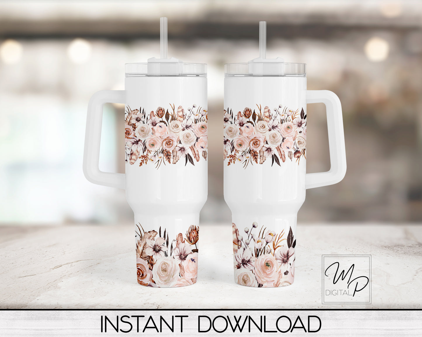 Boho Floral 40oz Tumbler Wrap Design - PNG Tumbler Sublimation Design Download