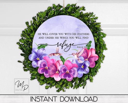 Hummingbird and Pansies Floral Round PNG Design for Sublimation of Signs and Earrings, Digital Download