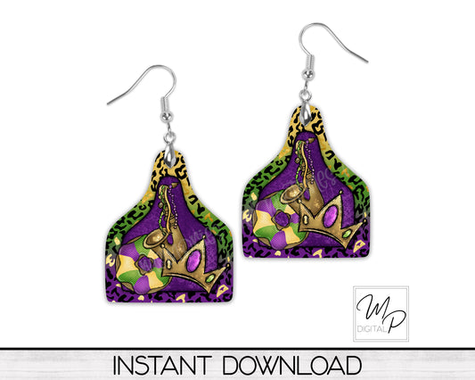 Mardi Gras Cow Tag Sublimation Design for Earrings, Badge Reels and Keychains, Digital Design Download