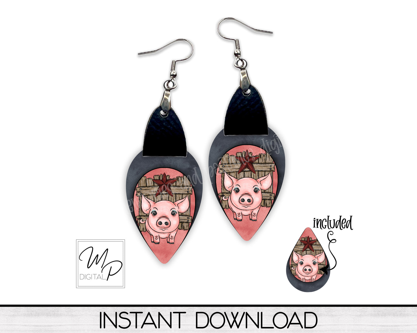 Pig Upside Down Teardrop PNG Design for Sublimation of Earrings with Leather, Digital Download