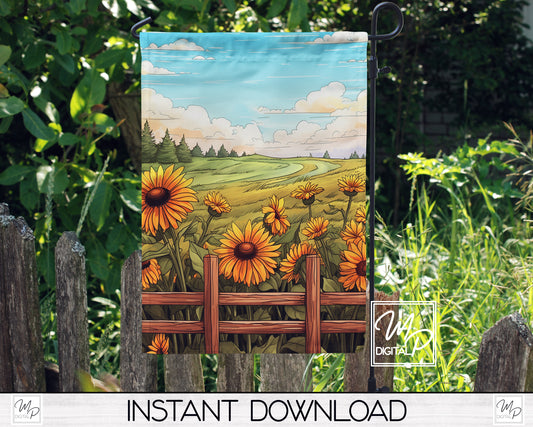 12x18 Garden Flag Sublimation Design, Sunflowers Fence, Patio Flag Digital Download