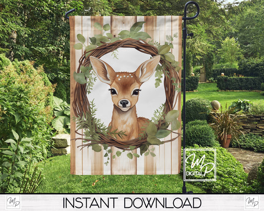 12x18 Garden Flag Sublimation Design, Deer Wreath, Patio Flag Digital Download