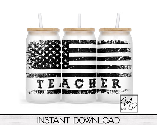 Patriotic Teacher Glass Can Sublimation Wrap, PNG Digital Download