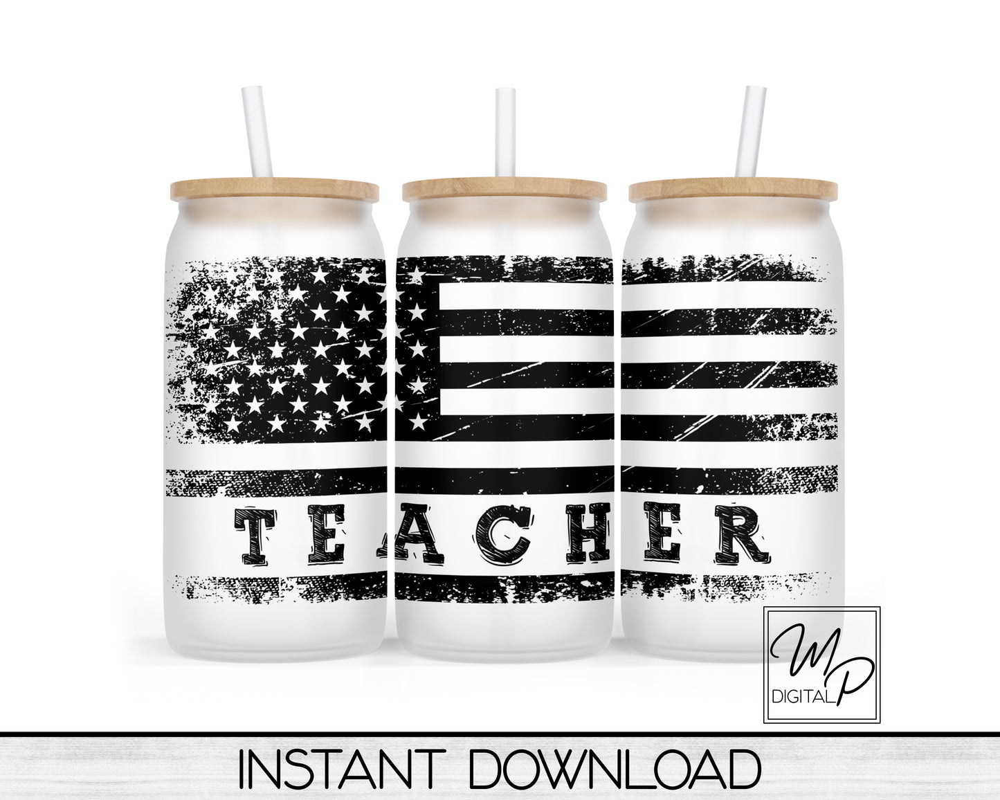 Patriotic Teacher Glass Can Sublimation Wrap, PNG Digital Download