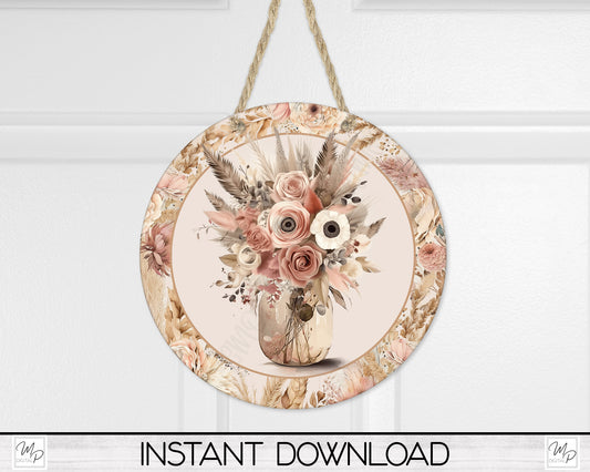 Boho Floral Round Door Hanger Sign, PNG Design for Sublimation, Digital Download