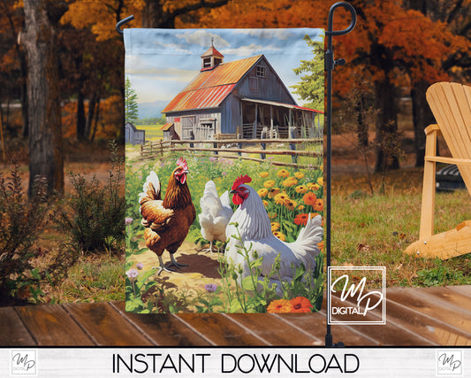 12x18 Garden Flag Sublimation Design, Barnyard Chickens, Patio Flag Digital Download