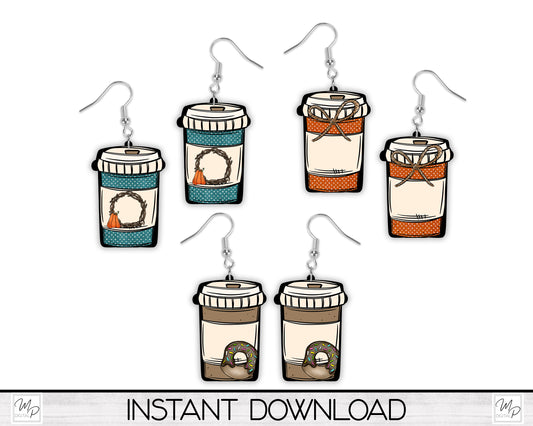 Fall Coffee Cup Earring Design Bundle for Sublimation of Earrings and Signs