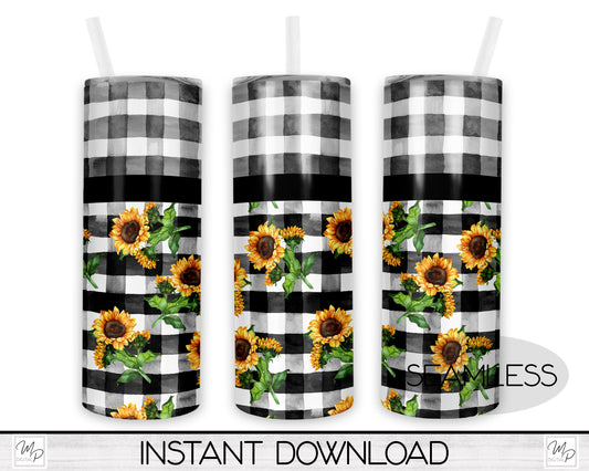 Sunflower Buffalo Plaid 20oz Skinny Tumbler PNG Sublimation Design, Digital Download