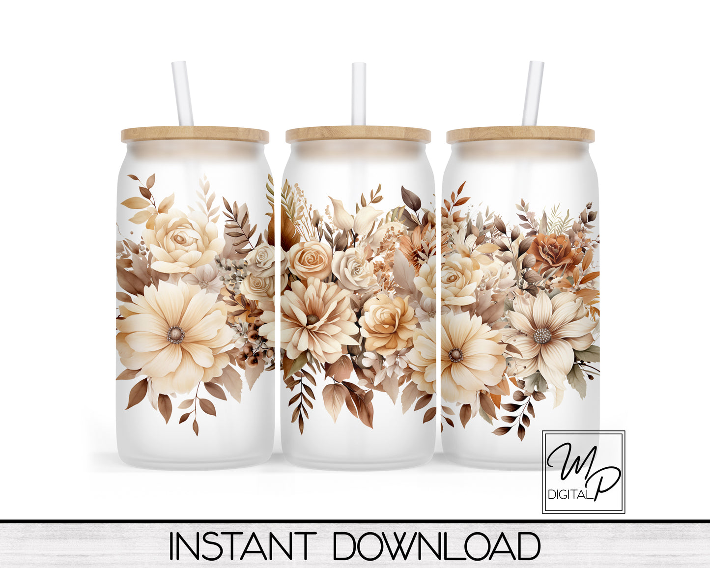 Fall Floral Glass Can Sublimation Wrap, PNG Digital Download