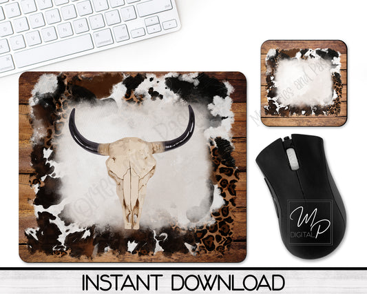 Western Skull Mousepad and Coaster PNG for Sublimation, Digital Download