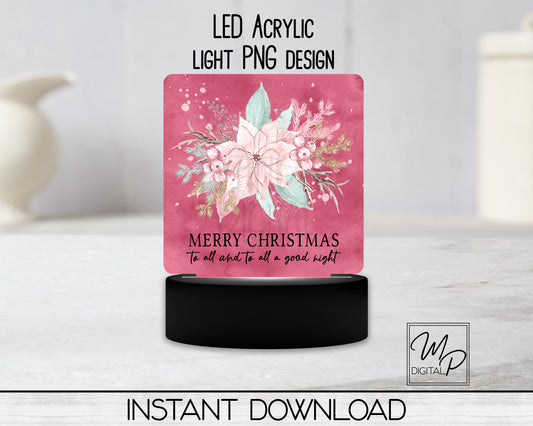 Pink Poinsettia Square LED Light Up Acrylic Sign, Night Light PNG Sublimation Design, Digital Download