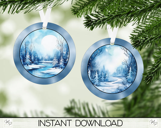 Winter Lake Round Ornament PNG Bundle Digital Download for Sublimation