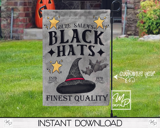 12x18 Garden Flag Sublimation Design, Halloween Old Salem Black Hat Patio Flag Digital Download