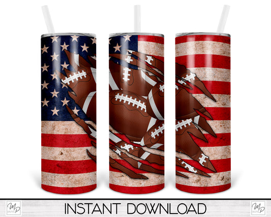 American Flag Football 20oz Skinny Tumbler PNG Sublimation Design, Tumbler Digital Download