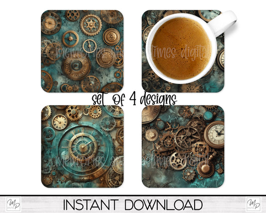 Set of Four Steampunk Coaster Sublimation PNG Designs For Sublimation of Square and Round Coasters, Digital Download