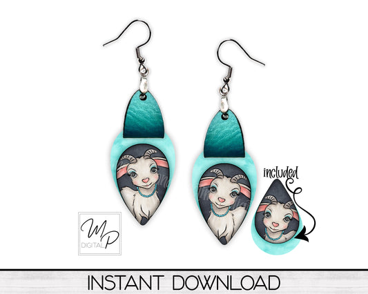 Goat Upside Down Teardrop PNG Design for Sublimation of Earrings with Leather, Digital Download