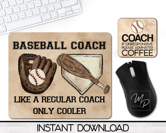 Baseball Coach Mousepad and Coaster PNG for Sublimation, Digital Download