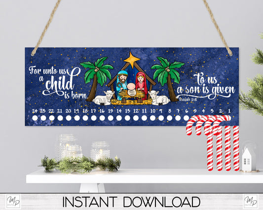 Christmas Nativity Candy Cane Countdown Sign PNG Sublimation Digital Download, Candy Cane Holder Advent Calendar