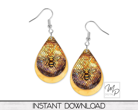 Honey Bee Stained Glass Teardrop Earring PNG Design for Sublimation, Digital Download
