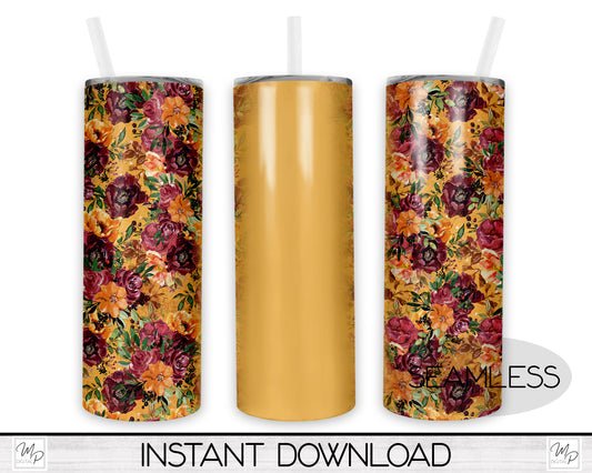 Fall Floral 20oz Skinny Tumbler PNG Sublimation Design, Digital Download