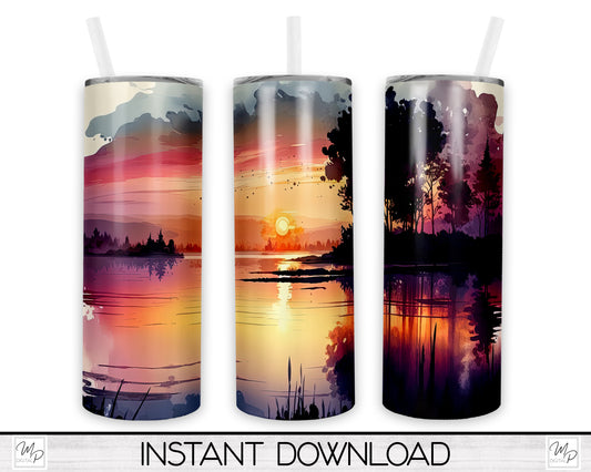 Lake Sunset 20oz Skinny Tumbler PNG Sublimation Design, Digital Download