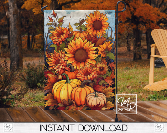 12x18 Garden Flag Sublimation Design, Fall Sunflowers and Pumpkins, Patio Flag Digital Download
